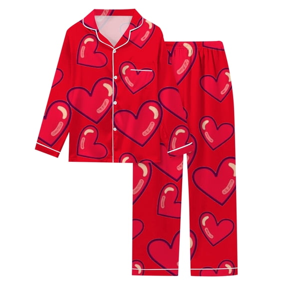 VNKIDY Womens Two Piece Pajama Set Heart Print Long Sleeve Collared Button Down Top Matching Loose Fit Pants Casual Soft Loungewear For Daily Home Relaxation= Red XXL