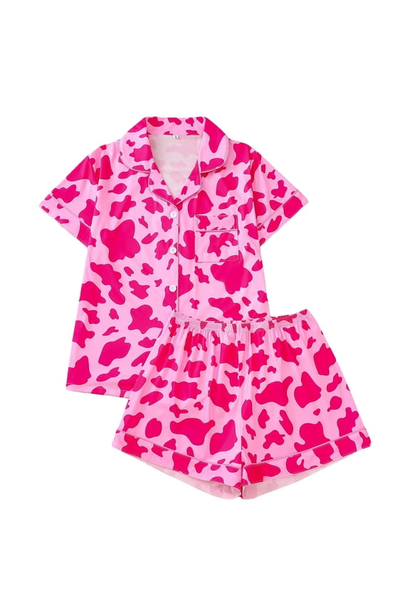 Womens Two Piece Pajama Set Leopard Print Short Sleeve Collared Button Down Top Matching Shorts Soft Loungewear For Nightwear Relaxation Red L