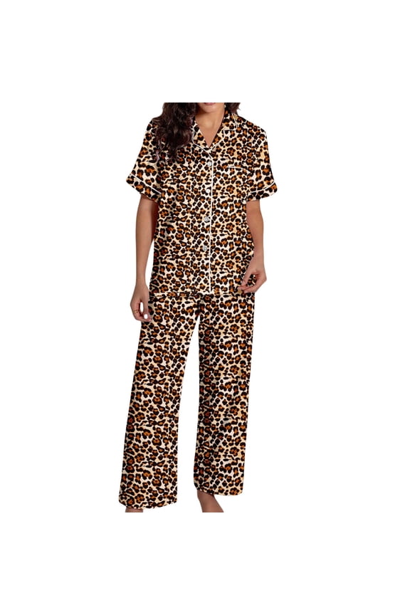 Womens Two Piece Pajama Set Leopard Print Short Sleeve Collared Button Down Top Matching Long Pants Satin Loungewear For Nightwear Relaxation Gold M