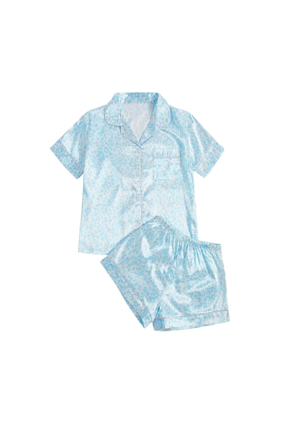 Womens Two Piece Pajama Set Leopard Print Short Sleeve Collared Button Down Top Matching Shorts Satin Loungewear For Nightwear Relaxation Light Blue L