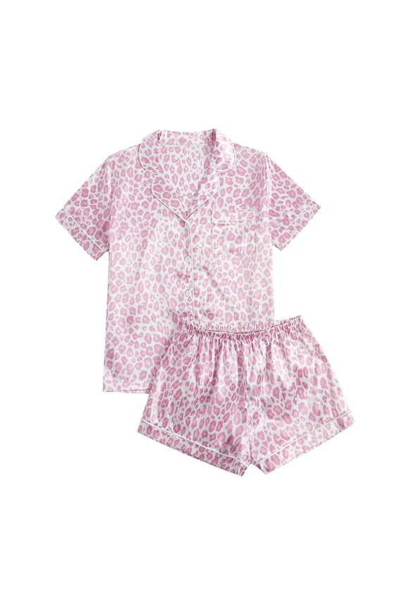Womens Two Piece Pajama Set Leopard Print Short Sleeve Collared Button Down Top Matching Shorts Satin Loungewear For Nightwear Relaxation Pink M