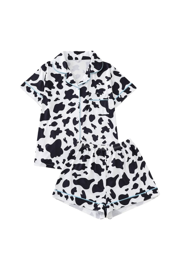 Womens Two Piece Pajama Set Leopard Print Short Sleeve Collared Button Down Top Matching Shorts Soft Loungewear For Nightwear Relaxation White XXL