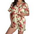thumbnail image 1 of VNKIDY Womens Two Piece Satin Pajama Set Lobster Print Short Sleeve Collared Button Down Top Matching Loose Fit Shorts Comfortable Loungewear For Home Relaxation Yellow L, 1 of 3