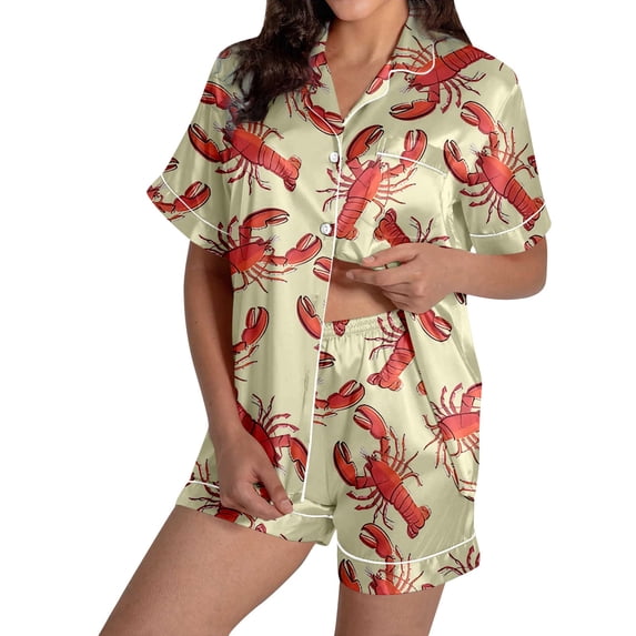 VNKIDY Womens Two Piece Satin Pajama Set Lobster Print Short Sleeve Collared Button Down Top Matching Loose Fit Shorts Comfortable Loungewear For Home Relaxation Yellow L