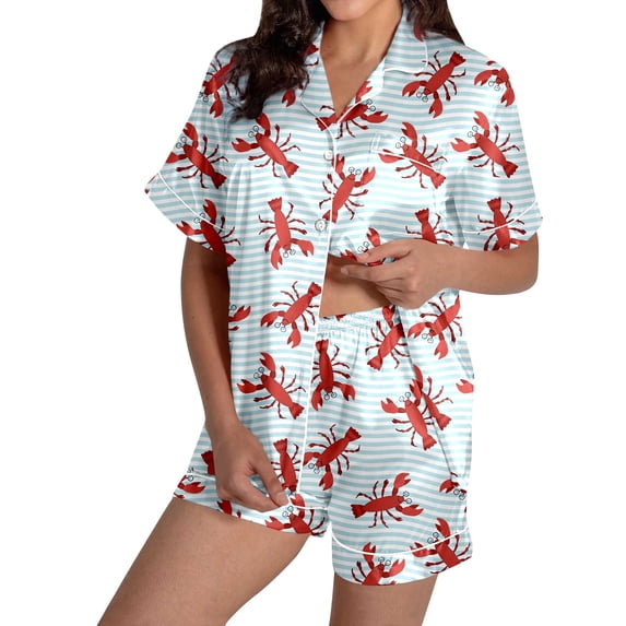 VNKIDY Womens Two Piece Satin Pajama Set Striped Lobster Print Short Sleeve Collared Button Down Top Matching Loose Fit Shorts Comfortable Loungewear For Home Relaxation Sky Blue S