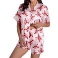 thumbnail image 1 of VNKIDY Womens Two Piece Satin Pajama Set Striped Lobster Print Short Sleeve Collared Button Down Top Matching Loose Fit Shorts Comfortable Loungewear For Home Relaxation Pink S, 1 of 4