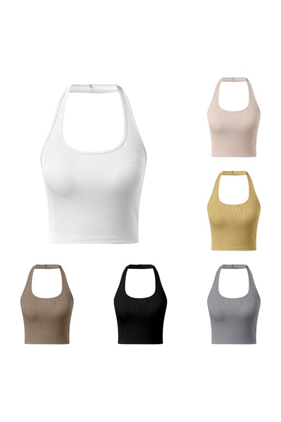 Womens U Neck Halter Sleeveless Solid Color Ribbed Knit Cropped Tank Top Straight Hem Slim Fit For Daily Inner Layering Fitness Workout Summer Outings White S