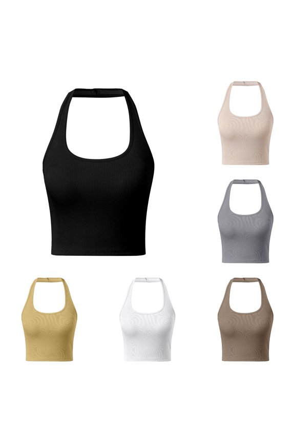 Womens U Neck Halter Sleeveless Solid Color Ribbed Knit Cropped Tank Top Straight Hem Slim Fit For Daily Inner Layering Fitness Workout Summer Outings Black XL