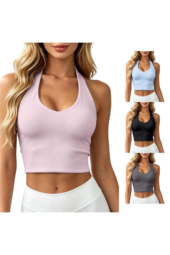 Womens U Neck Halter Solid Color Cropped Yoga Bra Stretch Slim Fit Breathable Daily Sport Casual Sleeveless Workout Crop Inner Tops For Ladies Classic Bra
