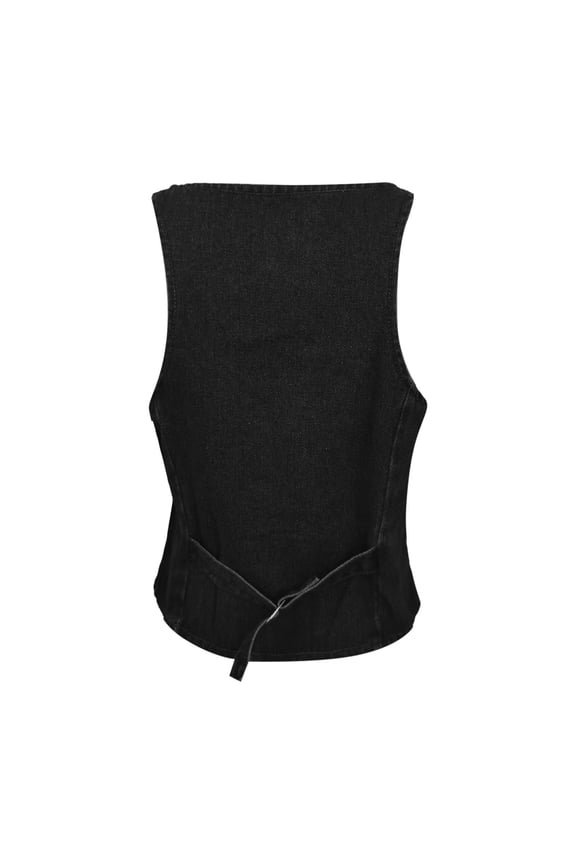Womens V Neck Denim Vest With Button Front Side Pockets Tailored Fit Sleeveless Waistcoat For Summer Casual Everyday Wear Black L