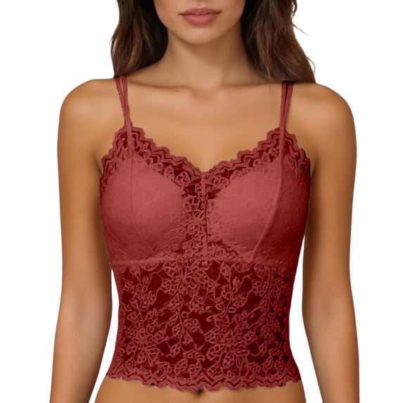 VNKIDY Womens V Neck Lace Cami Top With Double Spaghetti Straps Sheer Floral Pattern Cropped Slim Fit Bralette For Layering Under Intimate Wear Red M