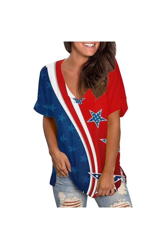 Womens V Neck Short Sleeve Tunic Top American Flag Print Casual T Shirt Patriotic Styles Tee For Independence Day Casual Daily Wear Stylish Top