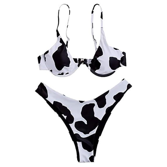 VNKIDY Womens V Neck Sleeveless Cow Print Bikini Top High Cut V Waist Bottom Two Piece Swimwear Set With Adjustable Straps For Beach Days Pool Parties Summer Vacations Trendy Swimwear