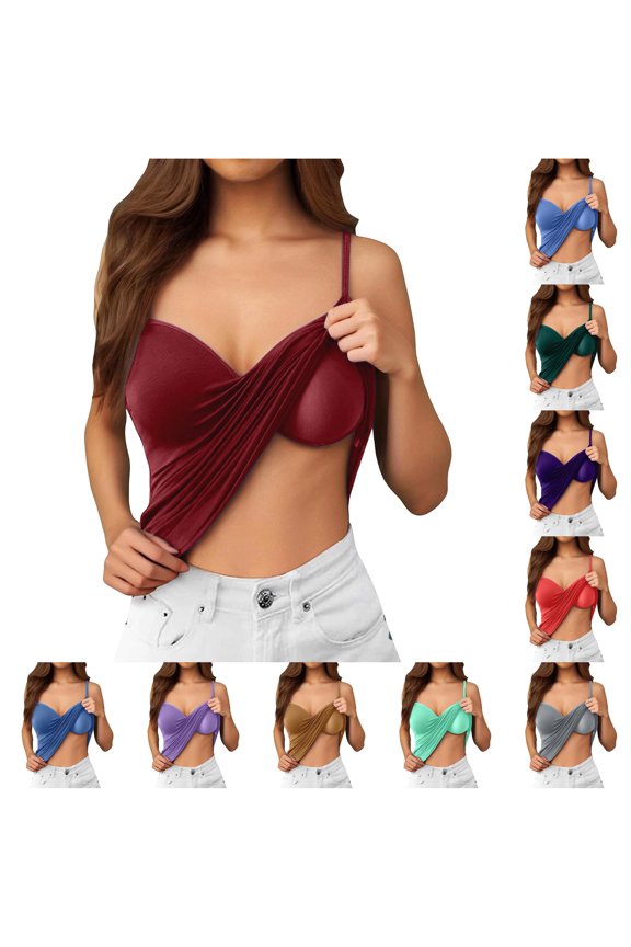 Womens V Neck Spaghetti Strap Wrap Ruched Crop Cami Top Built In Bra Padded Tank Top For Summer Party Daily Casual Outdoor Outings Red XXL