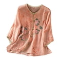 thumbnail image 1 of VNKIDY Womens V Neck Three Quarter Sleeve Floral Print Blouse With Embroidery Knot Button Closure Loose Fit Breathable For Casual Wear Soft Top, 1 of 8