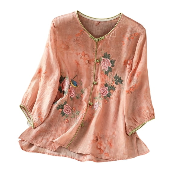 VNKIDY Womens V Neck Three Quarter Sleeve Floral Print Blouse With Embroidery Knot Button Closure Loose Fit Breathable For Casual Wear Soft Top