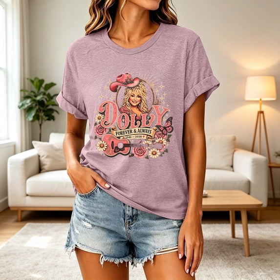 VNKIDY Womens Vintage Dolly Shirt Short Sleeve Nashville Western T-Shirts Parton Memorial Graphic Tees Casual Country Music Festival Comfortable Womens Clothes,Size L