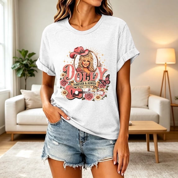 VNKIDY Womens Vintage Dolly Shirt Short Sleeve Nashville Western T-Shirts Parton Memorial Graphic Tees Casual Country Music Festival Comfortable Womens Clothes,Size XL