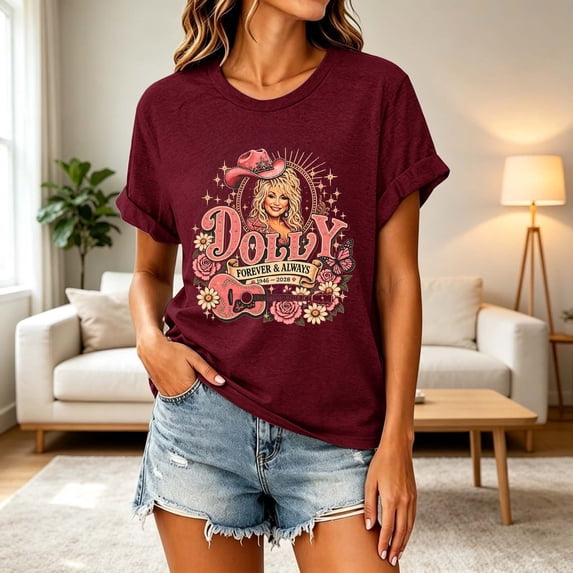 VNKIDY Womens Vintage Dolly Shirt Short Sleeve Nashville Western T-Shirts Parton Memorial Graphic Tees Casual Country Music Festival Loose Fit Womens Tops,Size XXXL
