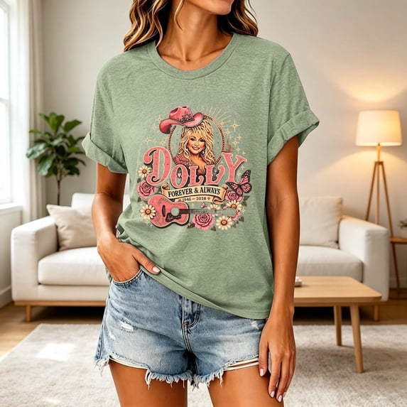 VNKIDY Womens Vintage Dolly Shirt Short Sleeve Nashville Western T-Shirts Parton Memorial Graphic Tees Casual Country Music Festival Relaxed Fit Womens Clothes,Size L