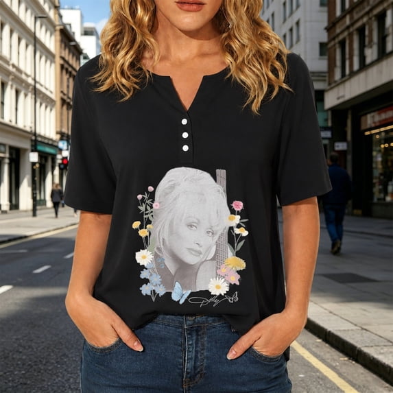 VNKIDY Womens Vintage Dolly Shirt Short Sleeve V Neck Country Legend Parton Memorial Graphic Tees Casual Country Music Festivals Comfortable Fall Clothes For Women,Size S