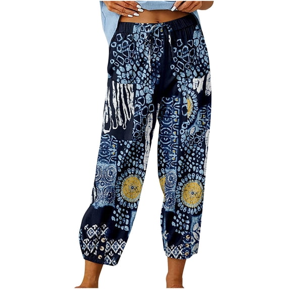 VNKIDY Womens Vintage Floral Print High Waist Drawstring Elastic Waist Harem Pants Side Pocket Loose Fit Lightweight Casual Trousers For Summer Daily Wear Navy XXL