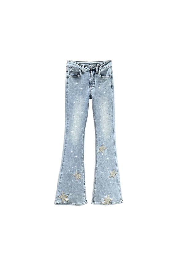 Womens Wash Denim Sparkle Star Patch High Waist Flare Jeans Slim Fit Retro Bell Bottom Pants For Party Daily Wear Blue XL