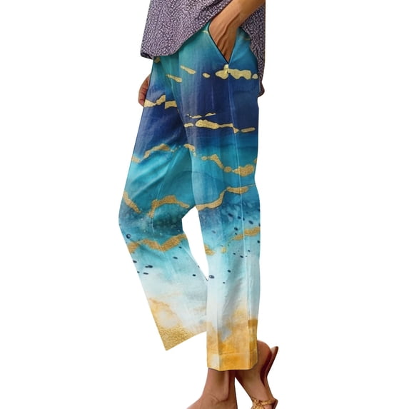 VNKIDY Womens Watercolor Floral Print High Waist Wide Leg Pants Side Pocket Loose Fit Lightweight Casual Trousers For Summer Daily Wear Blue M