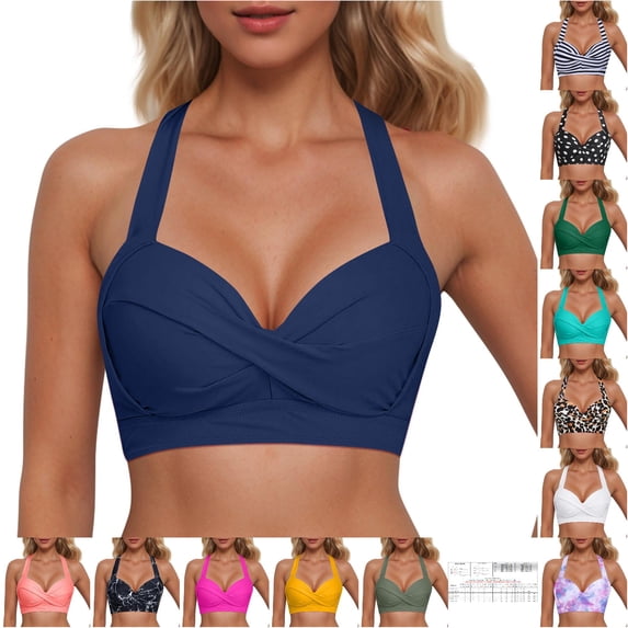 VNKIDY Womens Wide Strap Halter Neck Front Twist Ruched Solid Color Bikini Top Summer Beach Regular Fit Quick Dry Swim Bath Tops For Ladies Dark Blue S