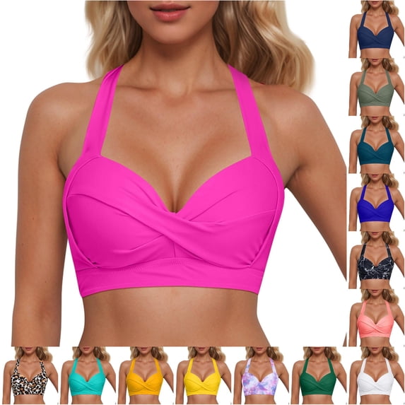 VNKIDY Womens Wide Strap Halter Neck Front Twist Ruched Solid Color Bikini Top Summer Beach Regular Fit Quick Dry Swim Bath Tops For Ladies Hot Pink S