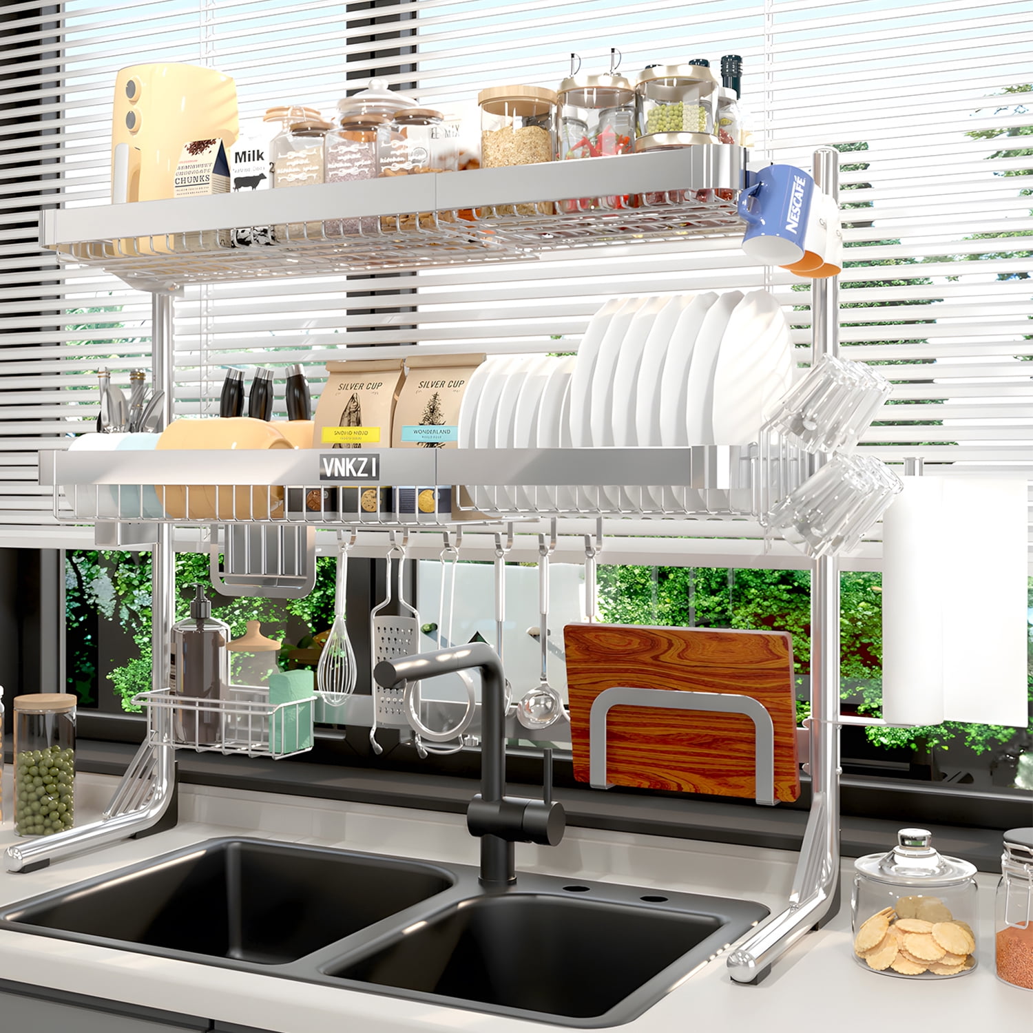 VNKZI Over Sink Dish Drying Rack, 3 Tier Full Stainless Steel Storage Adjustable Length (25.98'' to 36.61'') Kitchen Rack, Multifunctional Expandable Counter Organizer, Space Saver Dish Rack