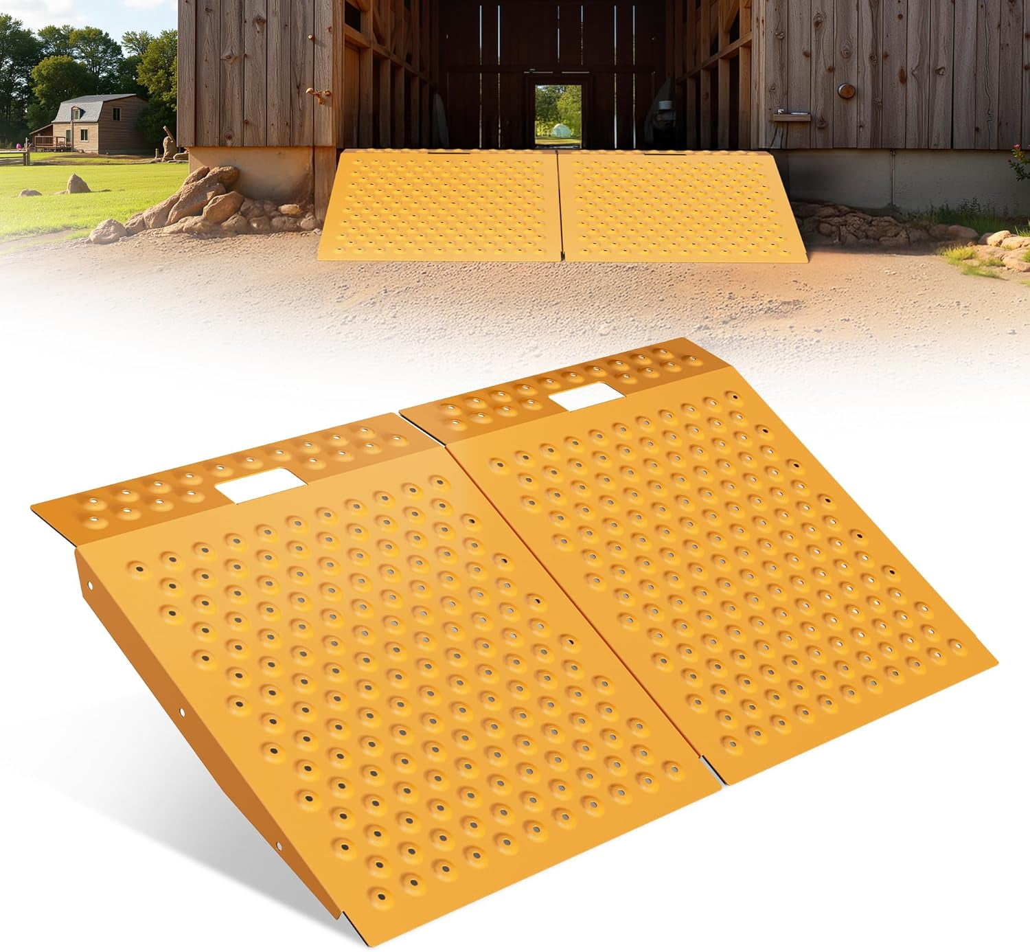 VNN 29" x 48" Shed Ramp for Riding Mower Anti-Slip Punch Plate Ramp 2PC, Yellow