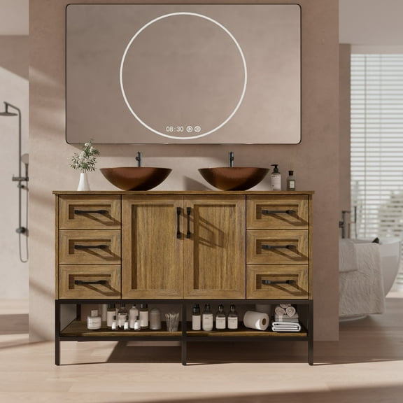 VNN 48 Inch Bathroom Vanity with Sink - Double Sink Bathroom Vanity, Freestanding Cabinet with Open Shelves and 6 Storage Drawers, Modern Iron Wood Cabinet with Countertop Tempered Glass Vessel, Oak