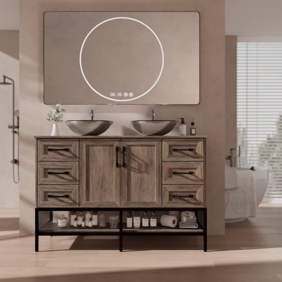 VNN 48 Inch Bathroom Vanity with Sink - Double Sink Bathroom Vanity, Freestanding Cabinet with Open Shelves and 6 Storage Drawers, Modern Iron Wood Cabinet with Countertop Tempered Glass Vessel, Grey