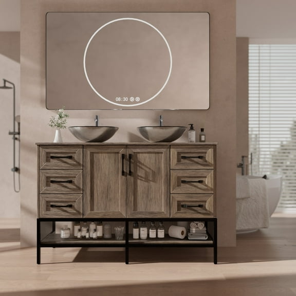 VNN 48 Inch Bathroom Vanity with Sink - Double Sink Bathroom Vanity, Freestanding Cabinet with Open Shelves and 6 Storage Drawers, Modern Iron Wood Cabinet with Countertop Tempered Glass Vessel, Grey