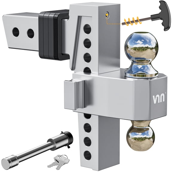 VNN Adjustable Trailer Hitch - 6 Inch Drop Hitch 2.5 Inch Receiver Interchangeable 3 Solid Ball Mount 1-7/8", 2", 2-5/16"(18,500 LBS GTW), Heavy Duty Aluminum with Pads and Locking Sets, Silver