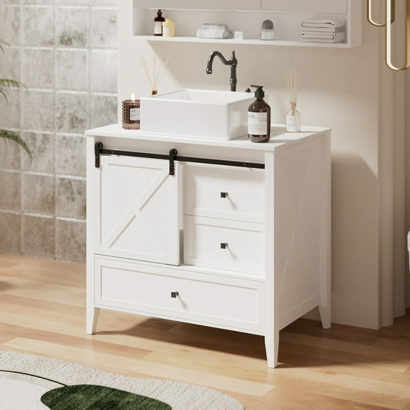VNN Bathroom Vanity with Sink - 36 Inch Bathroom Vanity with Sink Ceramic, Freestanding Cabinet with Farmhouse Sliding Barn Door and 3 Drawers, Space-Saving Storage Cabinet, Wood Grain Texture, White