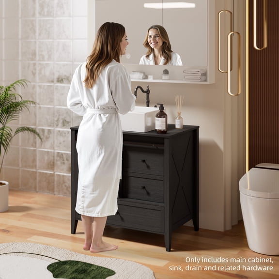 VNN Bathroom Vanity with Sink - 36 Inch Bathroom Vanity with Sink Ceramic, Freestanding Cabinet with Farmhouse Sliding Barn Door and 3 Drawers, Space-Saving Storage Cabinet, Wood Grain Texture, Black