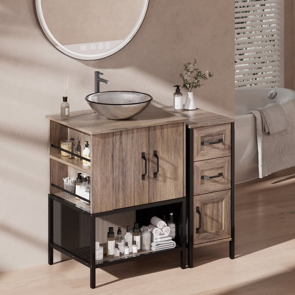 VNN Bathroom Vanity with Sink - 36 Inch Bathroom Vanity with Sink, Open Shelves and 3 Storage Drawers Side Cabinet, Modern Iron Wood Cabinet with Countertop Tempered Glass Vessel, Grey