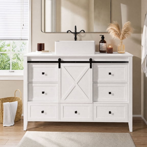 Bathroom Vanity with Sink - 48 Inch Bathroom Vanity with Sink Ceramic, Freestanding Cabinet with Farmhouse Sliding Barn Door and 7 Drawers, Space-Saving Storage Cabinet, Wood Grain Texture, White