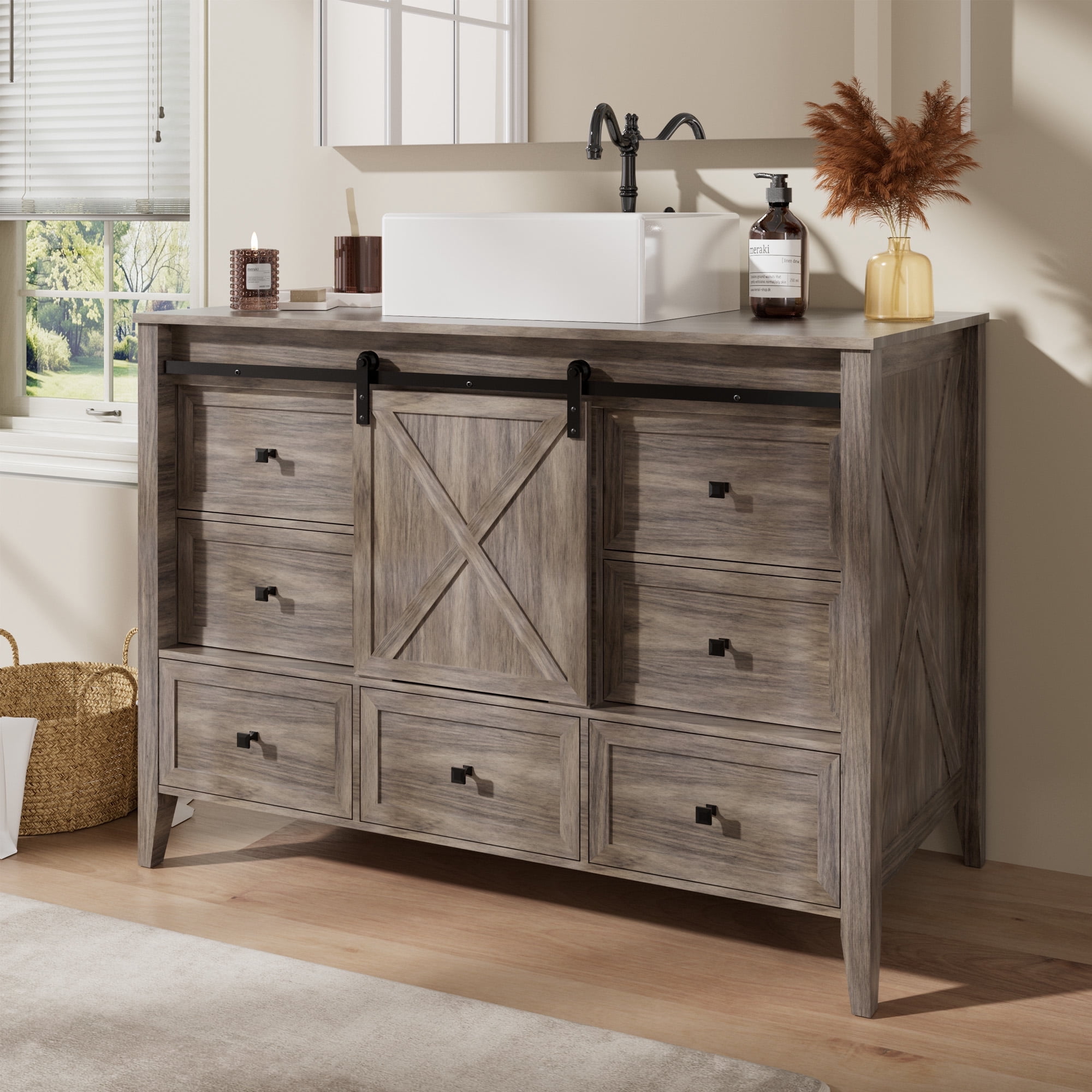 VNN Bathroom Vanity with Sink - 48 Inch Bathroom Vanity with Sink Ceramic, Freestanding Cabinet with Farmhouse Sliding Barn Door and 7 Drawers, Space-Saving Storage Cabinet, Grey Wood Grain Texture