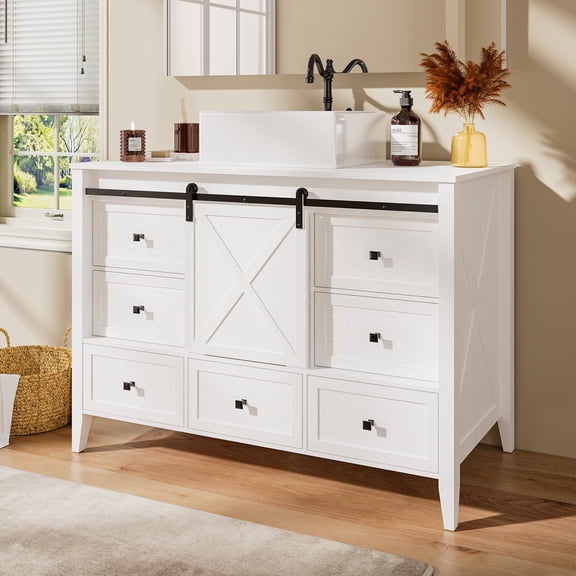 VNN Bathroom Vanity with Sink - 48 Inch Bathroom Vanity with Sink Ceramic, Freestanding Cabinet with Farmhouse Sliding Barn Door and 7 Drawers, Space-Saving Storage Cabinet, Wood Grain Texture, White