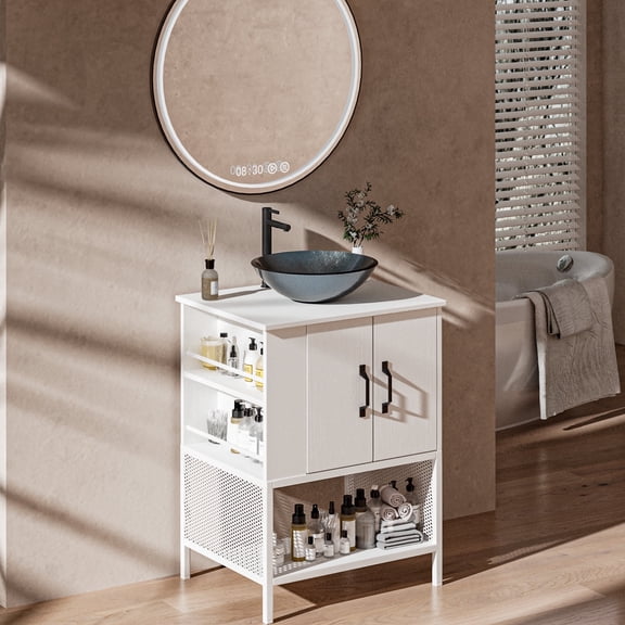 Small Bathroom Vanity with Sink - 24 Inch Vanity with Sink, Freestanding Cabinet with Open Shelf, Modern Iron Wood Bathroom Cabinet with Countertop Tempered Glass Vessel, White