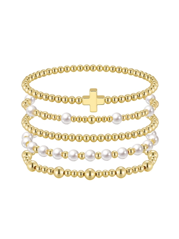 14K Gold Plated Pearl Beaded Cross Bracelets Stack Set for Women,Stretch Boho Colorful Christian Beads Ball Jewelry Friendship Summer Trendy Gift