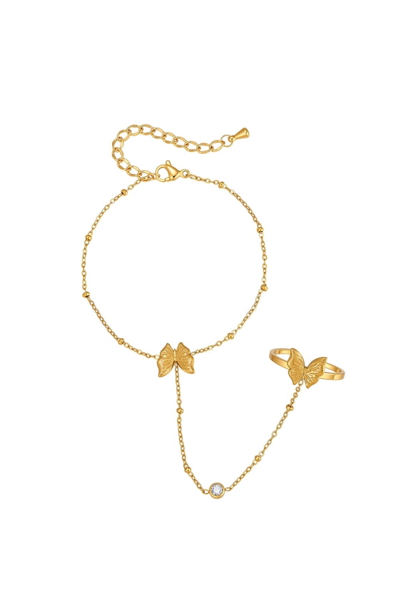 18K Gold Plated Stainless Steel Butterfly Hand Chain Bracelet with Attached Ring for Women, Dainty Jewelry Gift