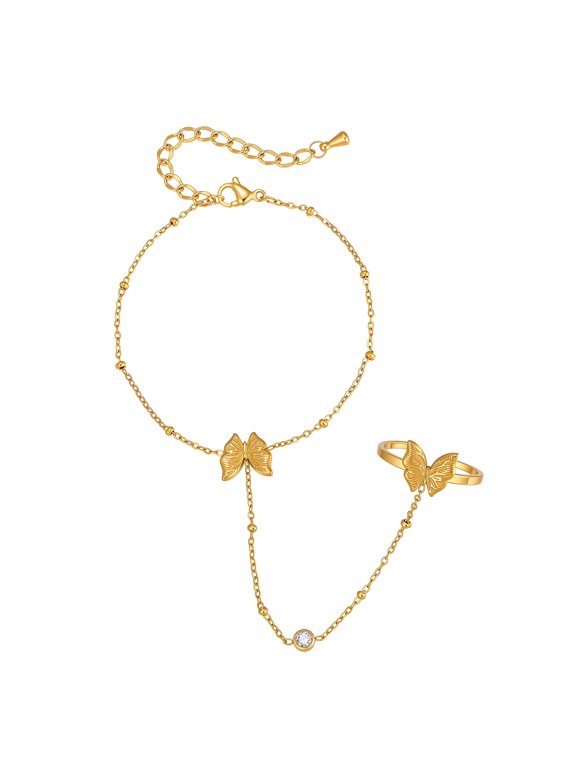 18K Gold Plated Stainless Steel Butterfly Hand Chain Bracelet with Attached Ring for Women, Dainty Jewelry Gift
