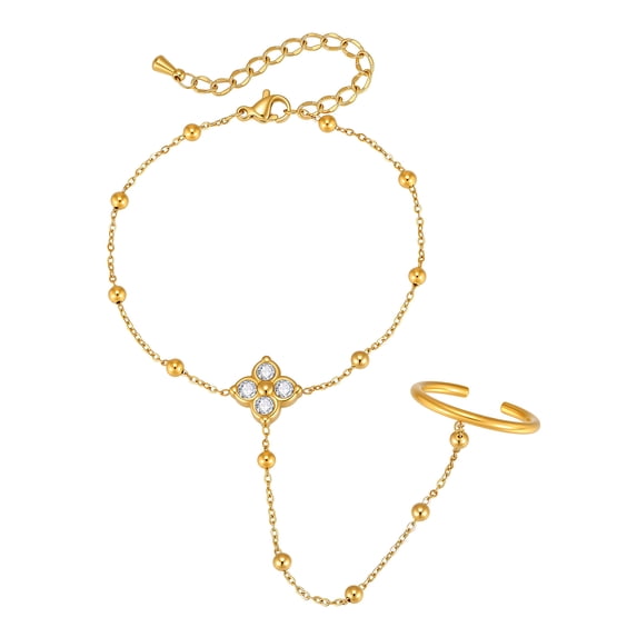 VNOX 18K Gold Plated Stainless Steel Clover CZ Hand Chain Bracelet Ring for Birthday Gift