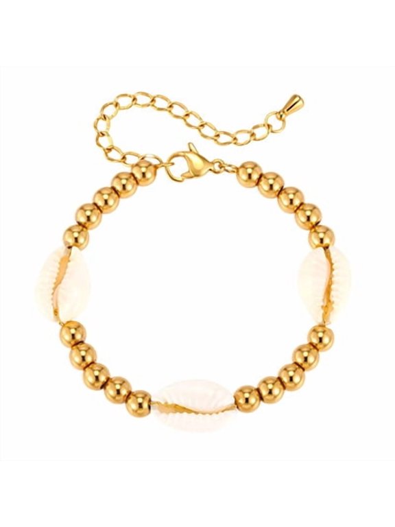 18K Gold Plated Stainless Steel Natural Shell Beaded Bracelet for Women, Elegant Seashell Charm Jewelry Gift for Birthday Valentine