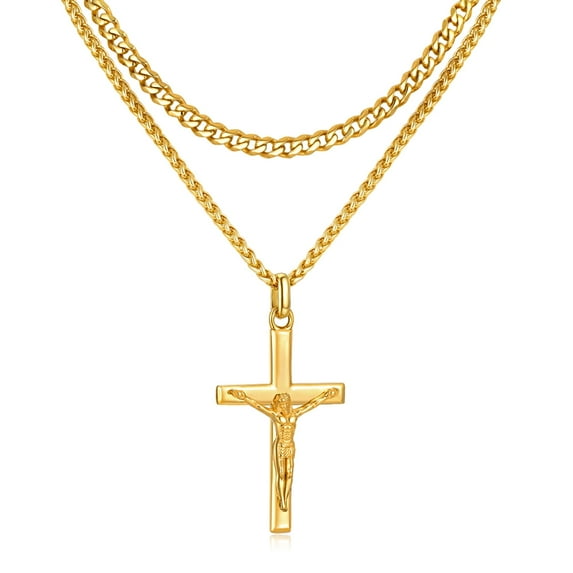 VNOX 2 Pcs Crucifix Cross Necklace for Men, Layered Stainless Steel Pendant Rope Chain,Gold Crucifix Necklace, Jesus Cross Necklaces Religious Gifts for Men