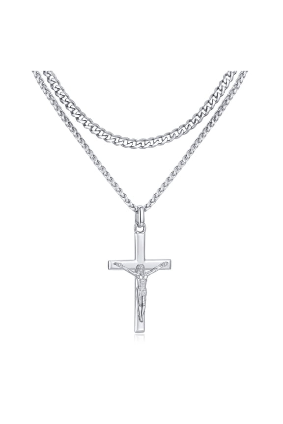 2 Pcs Crucifix Cross Necklace for Men, Layered Stainless Steel Pendant Rope Chain, Silver Crucifix Necklace, Jesus Cross Necklaces Religious Gifts for Men